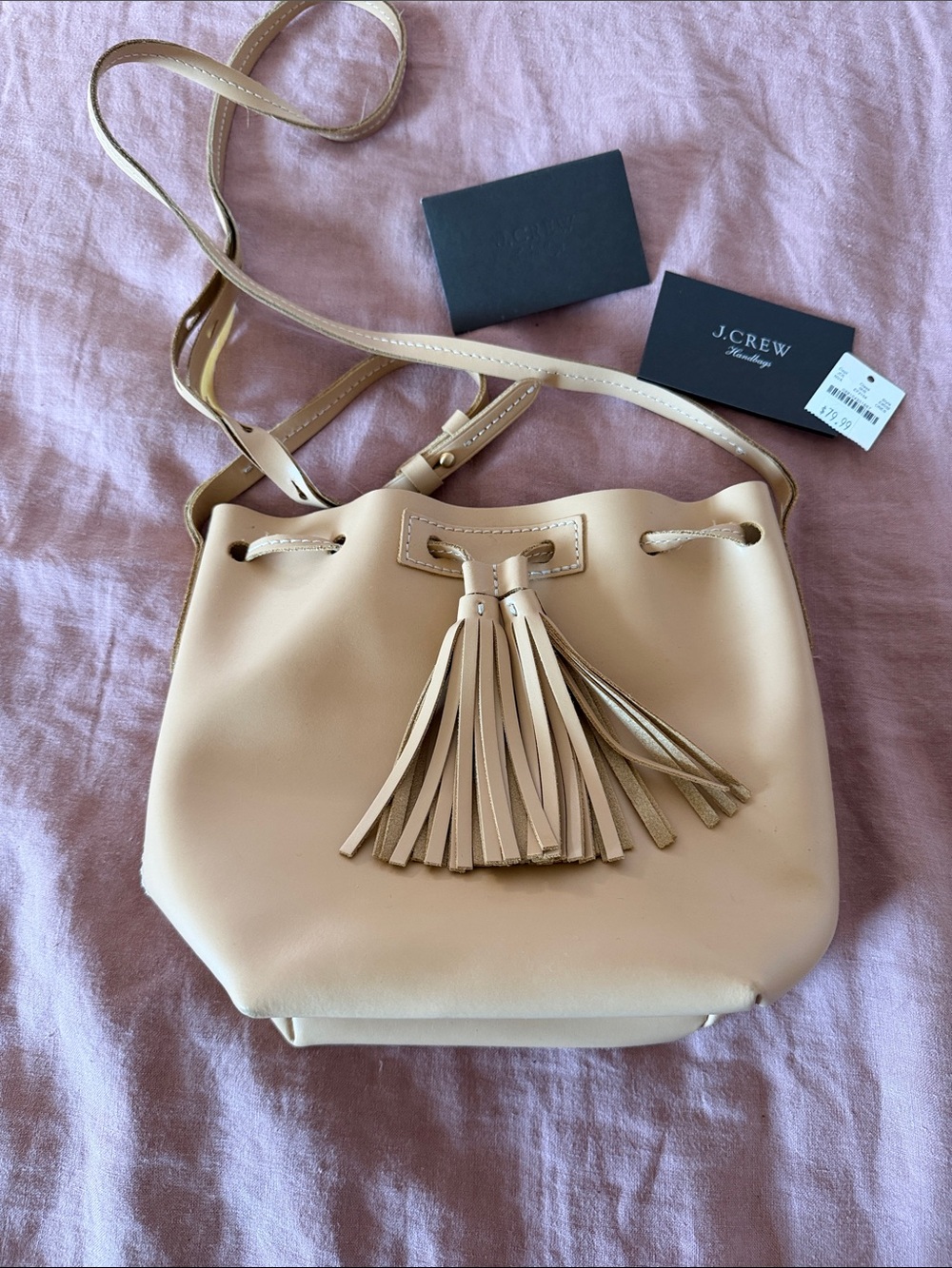 J. Crew Nude Leather Tassel Drawstring Crossbody Bag NWT